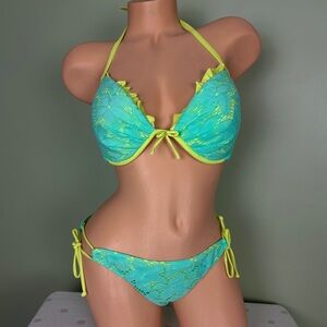 VICTORIA’S SECRET NEON GREEN BLUE LACE Y2K PUSH-UP BIKINI SWIM SET 36D LARGE SET